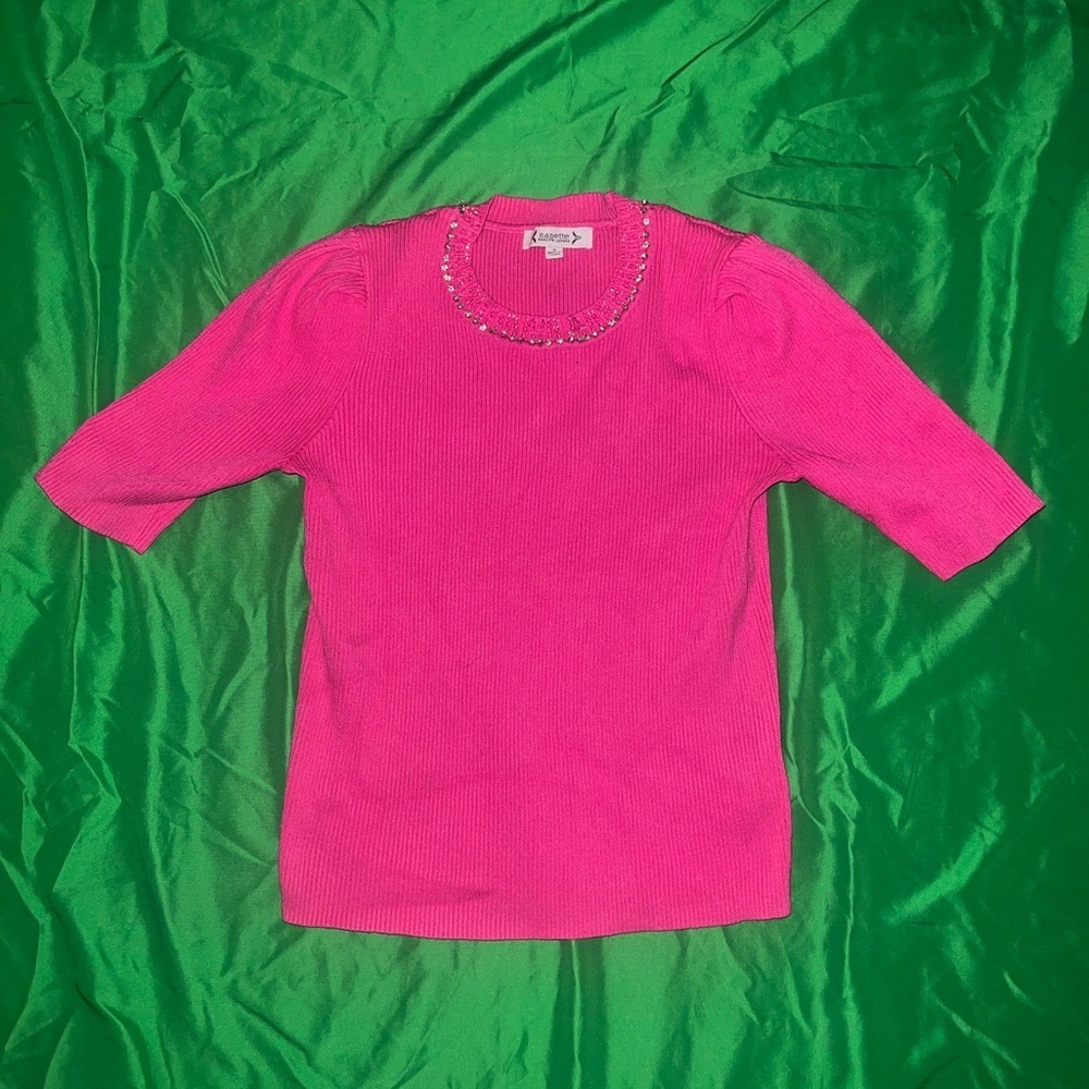 Nanette Lepore Fuchsia Knit Top with Embellished Neckline size Small